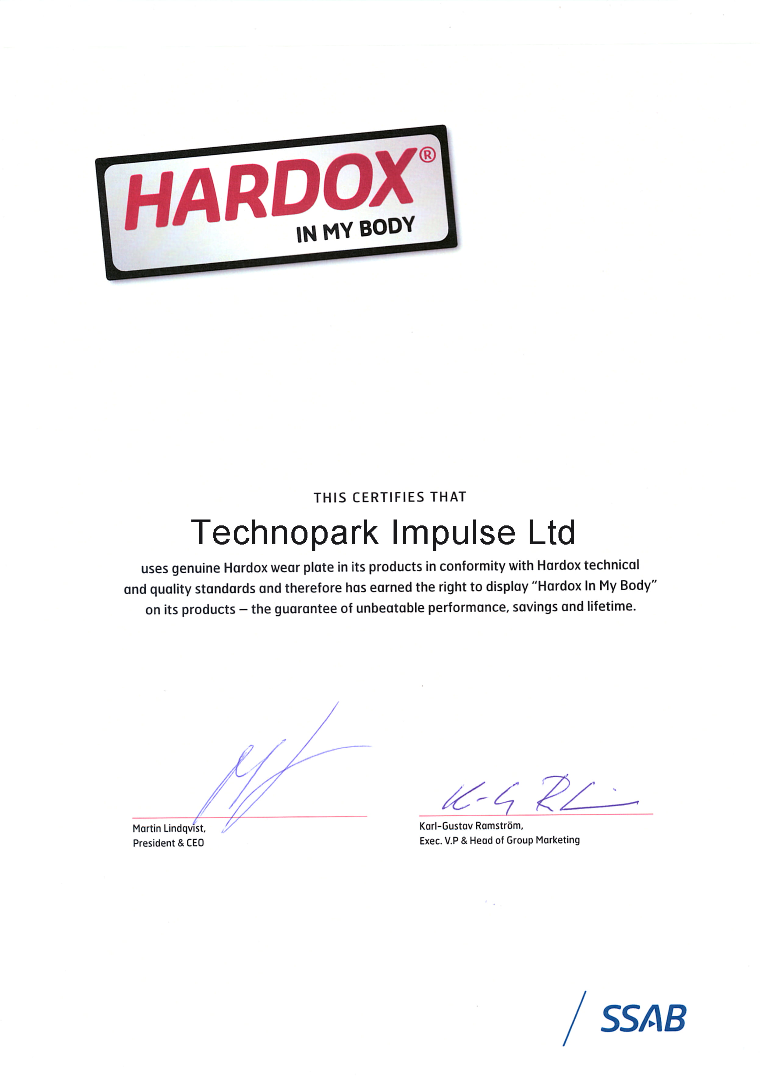 Сертификат Hardox In My Body